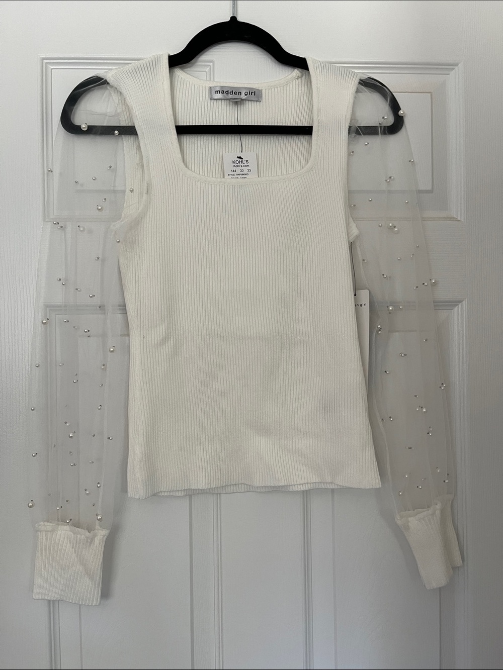 Madden Girl White Ribbed Tank with Sheer Pearl-Embellished Sleeves